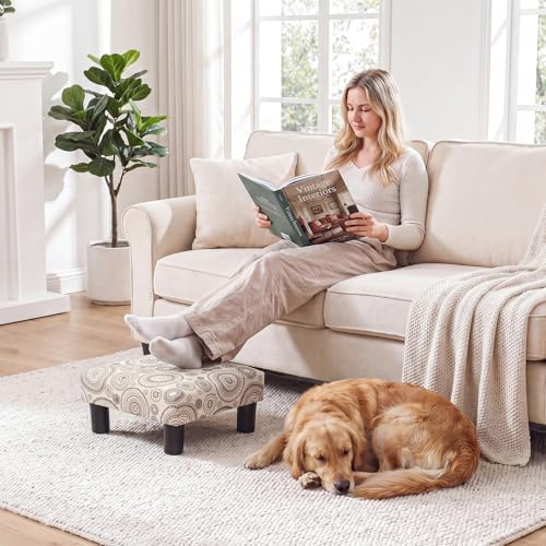 Joveco Small Foot Rest Stool Ottoman, Square Upholstered Fabric Footstool for Couch, Under Desk, Office, Living Room, Printing Beige - Image 3