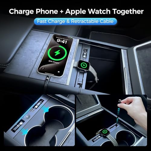 USB Hub for Tesla Model Y Juniper Accessories 2026 & Model 3 Highland 2025 Accessories, Hidden Console Phone Charger Hub Compatible with Apple Watch, Center Interior (2-Type C+Watch Charging) - Image 3