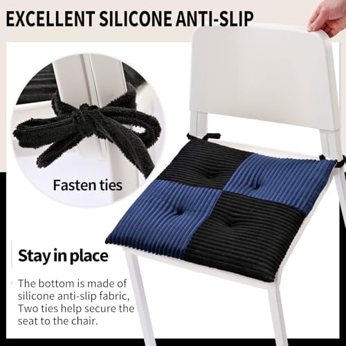 Office Stacking Chair Cushions 4 Pack, Corduroy High Density Foam Kitchen Seat Cushions with Ties, Square 17" x 17" Indoor Non-Slip Dining Chair Pads, Black+ Navy，4pcs - Image 5