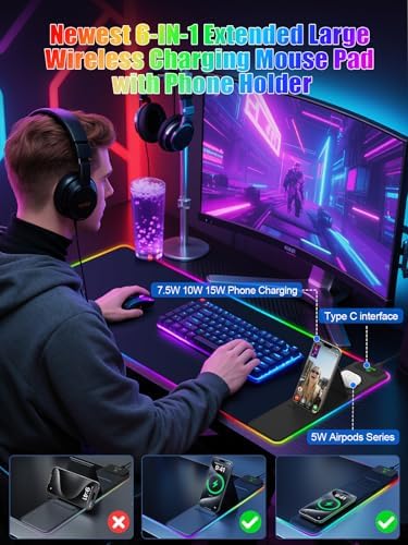 Mouse Pad with Foldable Phone Holder & Wireless Charger, XXL RGB Gaming Mousepad 31.5"x15.8" Large Desk Mat for Keyboard, Black Desk Pad with Dual Qi Charging Station | 11 Colors 5 Modes | Waterproof - Image 3