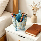 360° Rotating Metal Pen Holder for Desk, Cute Floral Bird Desktop Organizer with Dome Roof, Pencil Cup & Remote Control Holder for Home Office (Blue) - Image 5
