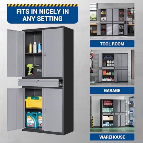 Fesbos 71" Metal Cabinet-Black&Gray Heavy Duty Storage File Cabinet Steel Tool Cabinets with Shelves, Lockable Doors and Drawers- for Garage, Pantry, Warehouse - Assembly Required - Image 5