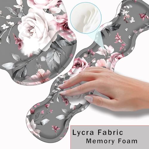 Mouse Pad,Large Pink Desk Mat, 4in1 XXL Mousepad + Keyboard Wrist Rest+Mouse Wrist Rest+Coaster Set with Ergonomic Desk Pad for Home Office Table Computer-Gray Rose Floral - Image 5