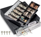Volcora Cash Register Drawer for Point of Sale (POS) System - Black and Stainless Steel Front - Fully Removable 2 Tier Cash Tray, 5 Bill/8 Coin, 12-24V, RJ11/RJ12 Key-Lock - Under Counter by Volcora