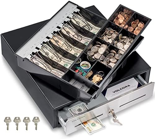 Volcora Cash Register Drawer for Point of Sale (POS) System - Black and Stainless Steel Front - Fully Removable 2 Tier Cash Tray, 5 Bill/8 Coin, 12-24V, RJ11/RJ12 Key-Lock - Under Counter by Volcora