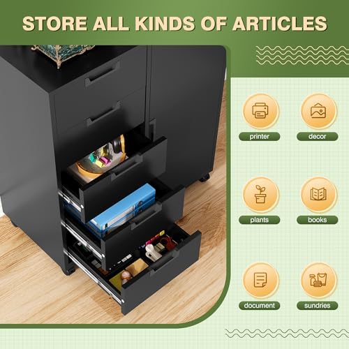 5 Drawer Metal Cabinet, Office Storage Cabinet w/Universal Wheels, Printer Stand with Storage Shelves, Rolling File Cabinets for Home Office(Black) - Image 4
