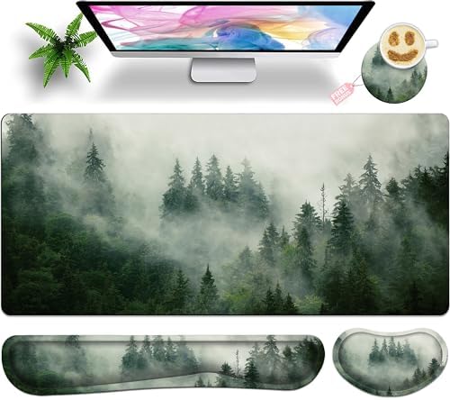 Forest Desk Pad Large Gaming Mouse Pad Set 35.4 x 15.7 with Keyboard Wrist Rest, Wrist Support, and Coaster Memory Foam Smooth Desk Pad Mousepad for Home Office School by Unknown