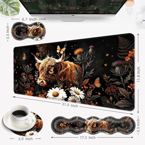 Desk Mat, Mouse Pad with Wrist Rest, 4-in-1 Large Mouse Pads for Desk, Ergonomic Mouse Pad and Keyboard Wrist Rest Gaming Keyboard Mat for Office,Highland Cow Flowers Butterfly - Image 6