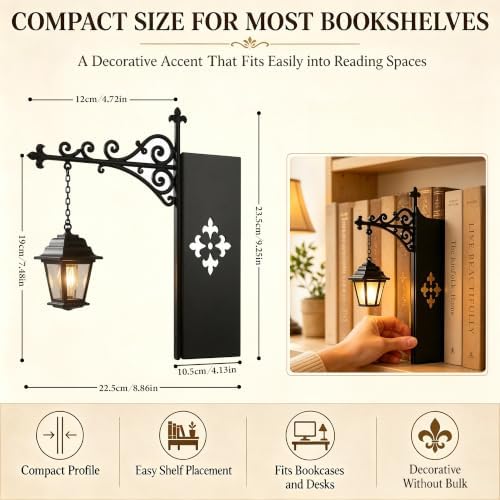 Library Lantern Bookshelf Lamp, Warm LED Bookshelf Lighting, Vintage Black Metal Lantern Bookend for Reading Nook, Home Library, Gift for Book Lovers-3Pack - Image 4