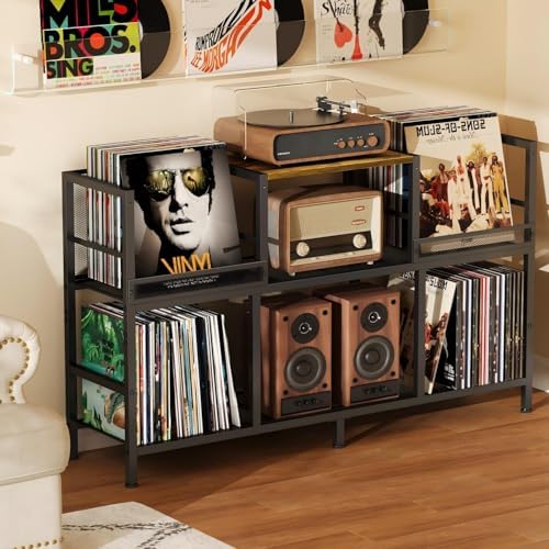 Record Player Stand with Dual Display Bins Storage for 300+ Vinyl Records - Image 6