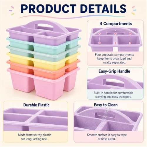 gisgfim 6 Pack Plastic Classroom Caddy with 4-Compartments Plastic Storage Caddies with Handle 4 Compartments Table Caddy Organizer Versatile Table Caddies for Classroom Office, Pastel Color - Image 3