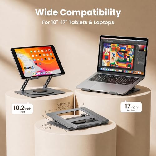 Aluminum Laptop Stand for Desk, Heavy Duty Computer Stand with 360° Rotating Base, Ergonomic Adjustable Height Notebook Riser, Compatible with MacBook Pro/Air, Dell, HP, 10-17” Laptops - Grey - Image 7