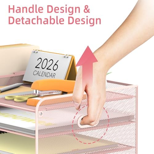 SUPEASY Mesh Desk Organizer with File Holder, 5-Tier Paper Letter Tray Organizer with Magazine Holder, Desktop Organizer and Storage with Drawer for Office Supplies Home or School (Pink) - Image 4