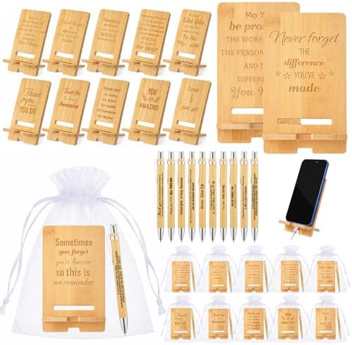 150 Pcs Employee Appreciation Gifts Bulk, 50 Wooden Phone Stands, 50 Motivational Pens with White Organza Bags, Thank You Gifts for Coworkers, Staff, Team, Volunteers, Nurses, Teachers, Office Desk by Unknown