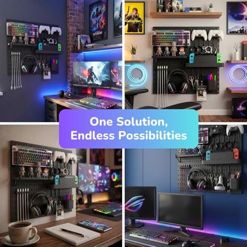 Keepo Peg Board Wall Organizer for Gaming Setup, Pegboard with Adhesives & Screw Mounts, Includes Peg Board Accessories for Gaming Accessories, Tech Storage & Office Organization (Black, 22″×22″) - Image 7