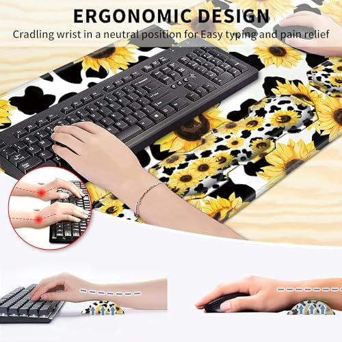 Gaming Mouse Pad Wrist Support & Desk Mat(35.4" x 15.7") & Keyboard Wrist Rest & Coasters CGFGHHUY 4 Pcs Set with Memory Foam Ergonomic Easy Typing Pain Relief - Cow Print Sunflowers - Image 6