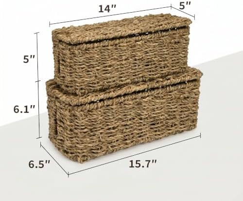 2 Pack Handwoven Cable Management Box with Lid, Decorative Cord Organizer for Power Strips, Chargers, TV Wires, Desk, Home & Office Storage, Natural Sea Grass - Image 2