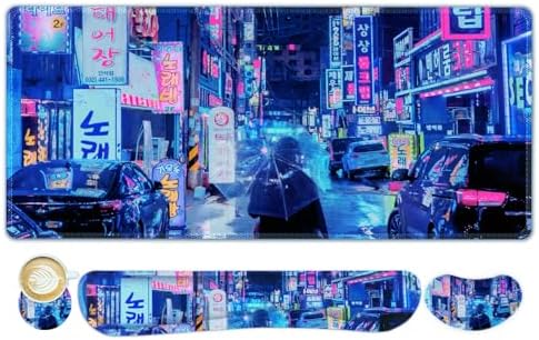 Large Gaming Mouse Pad Set, 4 in 1 Extended Keyboard Desk Mat with Wrist Rest, Computer Game Mousepad, Non-Slip Desk Pad Protector Easy Typing Pain Relief for Home Office I Anime Neon Street by NXZGO