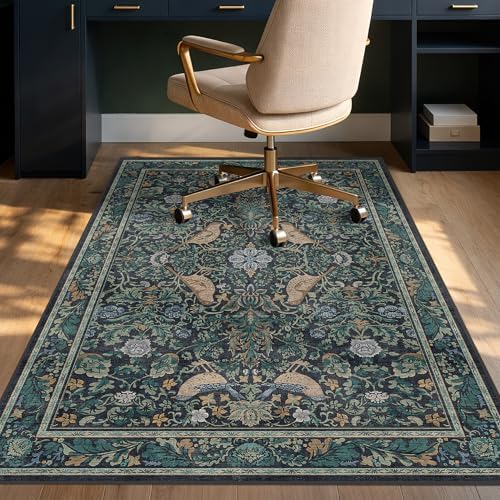Office Chair Mat for Hardwood Floors, Blue Botanical Under Desk Rug with Bird Pattern, 4x5 Low Pile Floor Protector for Rolling Computer Chairs, Anti-Slip Washable Stain Resistant Mat by JTJ