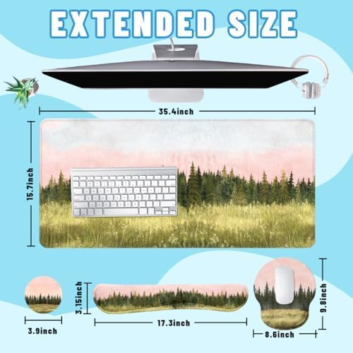 Forest Meadow Desk Mat Set Watercolor Pine Landscape Large Mouse Pad with Wrist Rest 4in1 Desk Mat for Desktop Ergonomic Computer Desk Arm Wrist Anti-Slip Computer Ergonomic Mouse Pad Office Gaming - Image 2