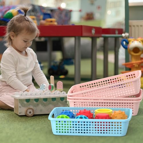 8 Pack Classroom Storage Baskets 15''x10''x3'' Large Plastic Paper Trays with Handle Letter Size A4 Paper Toy Basket Turn in Trays for Library Office Desk Drawer Organizing (8, Pastel Color) - Image 6