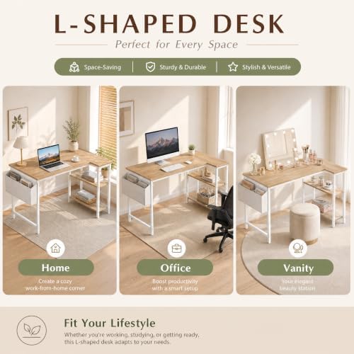 Grandder L Shaped Computer Desk with Reversible Shelves, 40 Inch Small Corner Desk with Storage Bag, Gaming Desk Computer Table Study Writing Table for Home Office Bedroom Small Space, Oak - Image 5