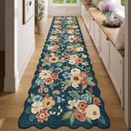 DUKINO 2.6x8 Runner Rug Floral Washable Kitchens Rug Non Slip Prussian Blue by DUKINO