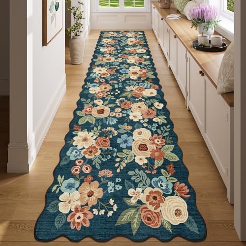 DUKINO 2.6x8 Runner Rug Floral Washable Kitchens Rug Non Slip Prussian Blue by DUKINO