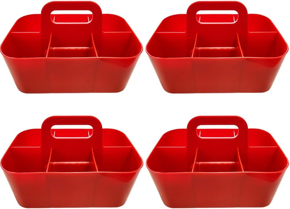 Small Stackable Plastic Caddy with Handle 6 Compartment | Desk, Makeup, Dorm Caddy, Classroom Art Organizers - 4 Pack, Made In USA (Red) by EnjoyOrganizer