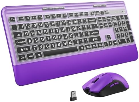 KOPJIPPOM Silent Wireless Keyboard and Mouse Combo - Keyboard with Large Print Cover, 2.4GHz Full-Sized Ergonomic Keyboard with Wrist Rest and Mouse for Laptop, PC, Notebook, Desktop by KOPJIPPOM