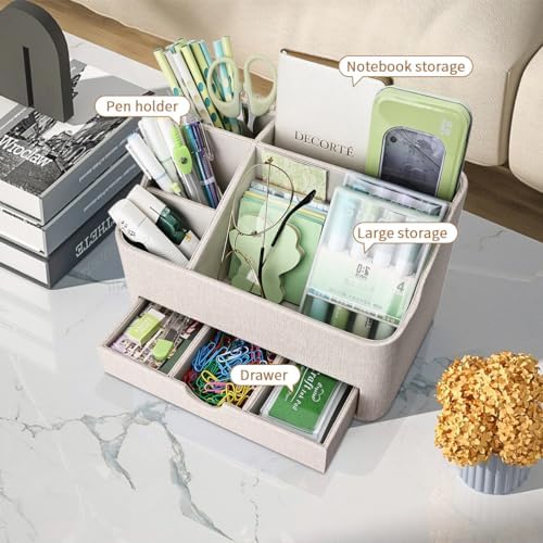 KINGFOM PU Leather Desk Organizer with Drawer, 5 Compartments Desktop Storage Caddy for Office & Home Supplies, Pen Holder for Remote Control, Phone & Accessories, Mail Organizer Countertop(Beige) - Image 5