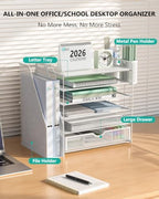 WALI Desk File Organizer, 6 Tier Desktop Paper Letter Tray Organizer with Drawer and 2 Pen Holders, Office Desk Accessories & Workspace Organizers for Office, Home Supplies(DO007DH-W), 1 Pack, White - Image 3