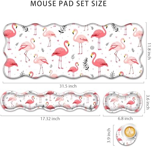 4 in 1 Desk Mat Set,Mouse Pad with Keyboard Wrist Rest,Wave-Shaped Design,Non-Slip Rubber Base,Waterproof,for Home,Office,Gaming,Cute Flamingo - Image 2