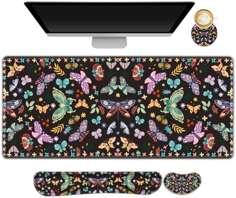 Desk Mat Pad, Gaming Mouse Pad Wrist Support Set, 4 in1 Non-Slip XXL Large Mousepad + Ergonomic Keyboard Wrist Rest+Mouse Wrist Rest+Coaster for Home Office Computer I Colorful Butterfly by NXZGO