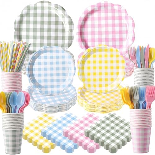 450 Pcs Tableware Set, Serve 50, Pastel, Gingham by Unknown