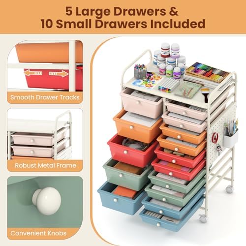 Giantex 15 Drawer Storage Cart, Rolling Craft Cart with Metal Tabletop & Pegboard, Mobile Utility Organizer Trolley with Locking Wheels, Home Office, Classroom, Teacher Supplies, Macaron Multicolor - Image 6