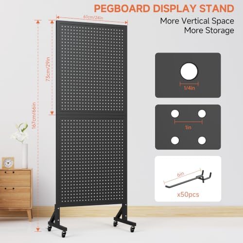 Peg Board Display Stand with Wheels,50 Hooks,2'x 5.5' - Black - Image 2