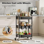 3 Tier Storage Rolling Cart with Wood Table Top on Lockable Wheels（Black） - Image 5