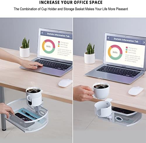 MASTLU Under Desk Organizer,Cup Holder,Table Management Tray, Swivel Pencil Drawer, Office No Drill Steel Organizers,360 Spin Hidden Storage Box with Sturdy C-Clamp,Easy Install (White) - Image 3