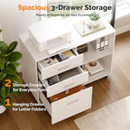 VINGLI 3 Drawer Wood Lateral File Cabinet with Adjustable Shelves & Locking Wheels, Printer Stand with Drawers for Letter Size Files, Sturdy White File Cabinets for Home Office, Study & Business - Image 4