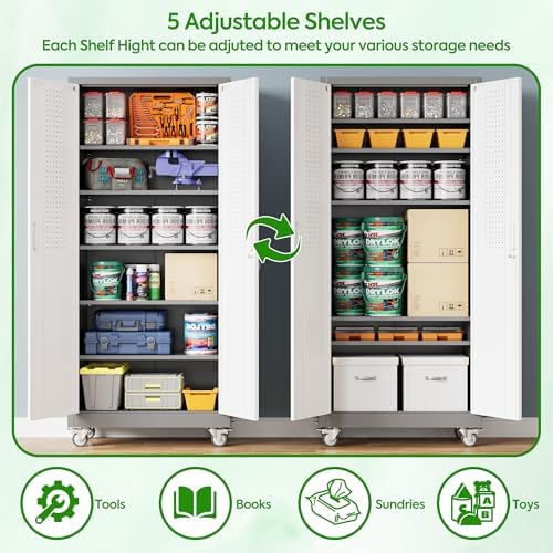 Aobabo Upgraded Garage Storage Cabinets with Wheels,Metal Storage Cabinets with 5 Adjustable Shelves for Garage Home Office Storage, Grey&White,71''H*32''W*16''D,Assembly Required - Image 5