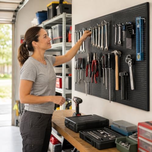36 x 20 Inch Metal Pegboard Kit, 3Pack Pegboard Panels with 100Pack Hooks, Black Peg Board Wall Organizer for Garage Workbench - Image 4