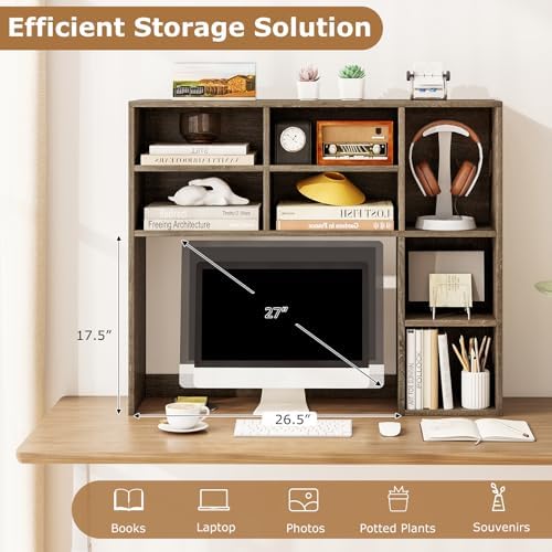Tangkula Desktop Bookshelf, 37" Countertop Storage Hutch with 7 Cubes & 3 Adjustable Shelves, 3-Tier Desk Display Rack Organizer, Multipurpose Wood Desktop Hutch for Dorm Home Office (Grey) - Image 6