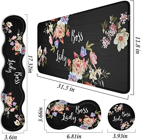 Mouse Pad Set,(31.5×11.8 in) Desk Pad + Keyboard Wrist Rest Support + Mouse Wrist Rest + Coaster for Office,Home,Computer,Laptop - 4 Flower Boss Lady - Image 3