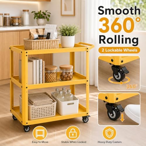 3 Tier Metal Utility Rolling Cart with Wheels, Yellow - Image 2