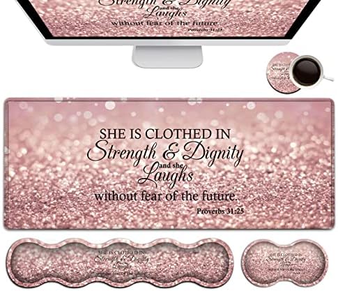 Keyboard Mouse Pad Set,Extended Gaming Mouse Pad + Memory Foam Keyboard Wrist Rest Support, Proverbs 31:25, Bible Pink Office Desk Mat Writing Pad Easy Typing Pain Relief,XXL Large Mousepad Desk Mat by FDHHKJUKO