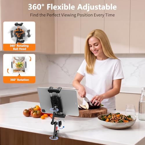 Portable Tablet Stand for Desk, 360° Adjustable iPad Holder for Bed, Metal Desk Clamp with Sturdy Aluminum Tablet Arm Mount for 4.7"-13.5" Kindle,iPad Pro/Air/Mini, iPhone,for Kitchen,Work,Video Call - Image 3