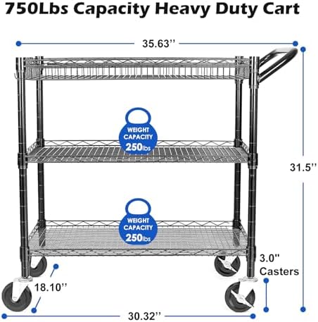 WDT Heavy Duty 3 Tier Utility Cart,Wire Rolling Cart with Wheels, Commercial Grade Service Cart with Shelving Liners and Handle Bar Metal Carts for Kitchen Office Hardware - Image 4