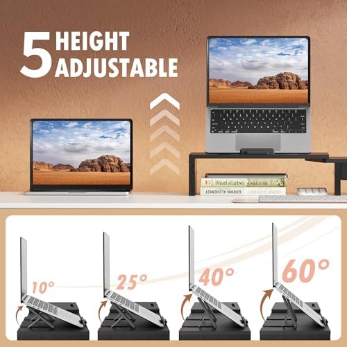 AFOOYO 43.3 Inch Dual Monitor Stand with Laptop Tray & Drawer, 5 Height & 4 Angle Adjustable Ergonomic Computer Riser, MDF Desk Shelf for MacBook Dell HP Lenovo 10-17.3" Laptops, Black - Image 3