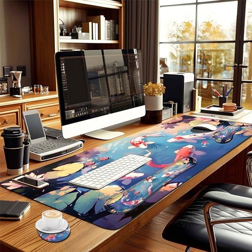 4-Piece Extended Large Mouse Pad Set for Women Men with Colorful Koi Design Includes 35.4 x 15.7 XXL Large Mouse Pad Keyboard Wrist Rest Mouse Wrist Support and Coaster for Office Home - Image 7